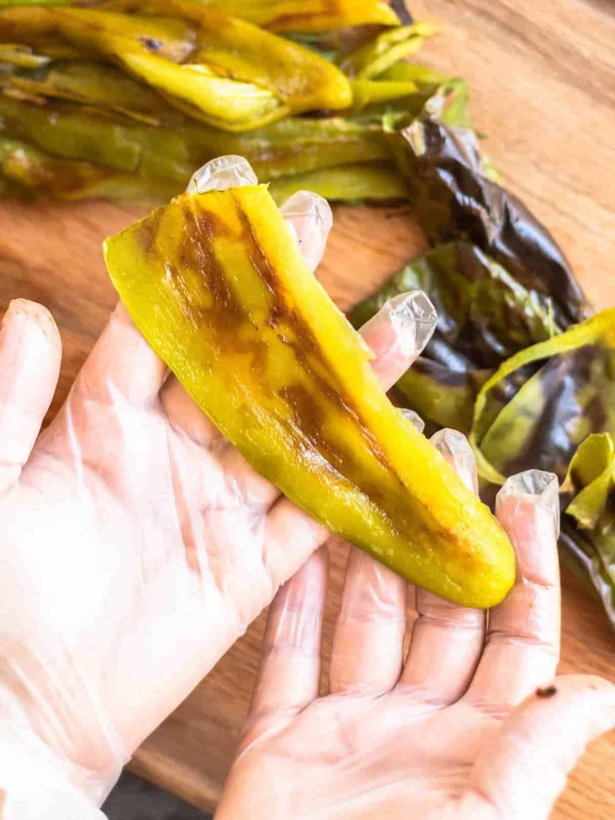 Photo of a roasted Hatch chile that has been deseeded and skinned