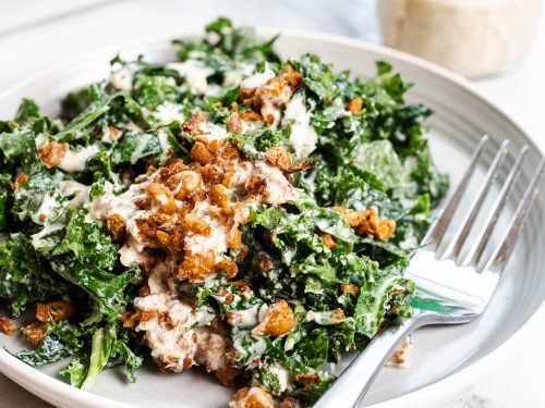 Kale Tahini Caesar Salad with Harissa Roasted Chickpeas