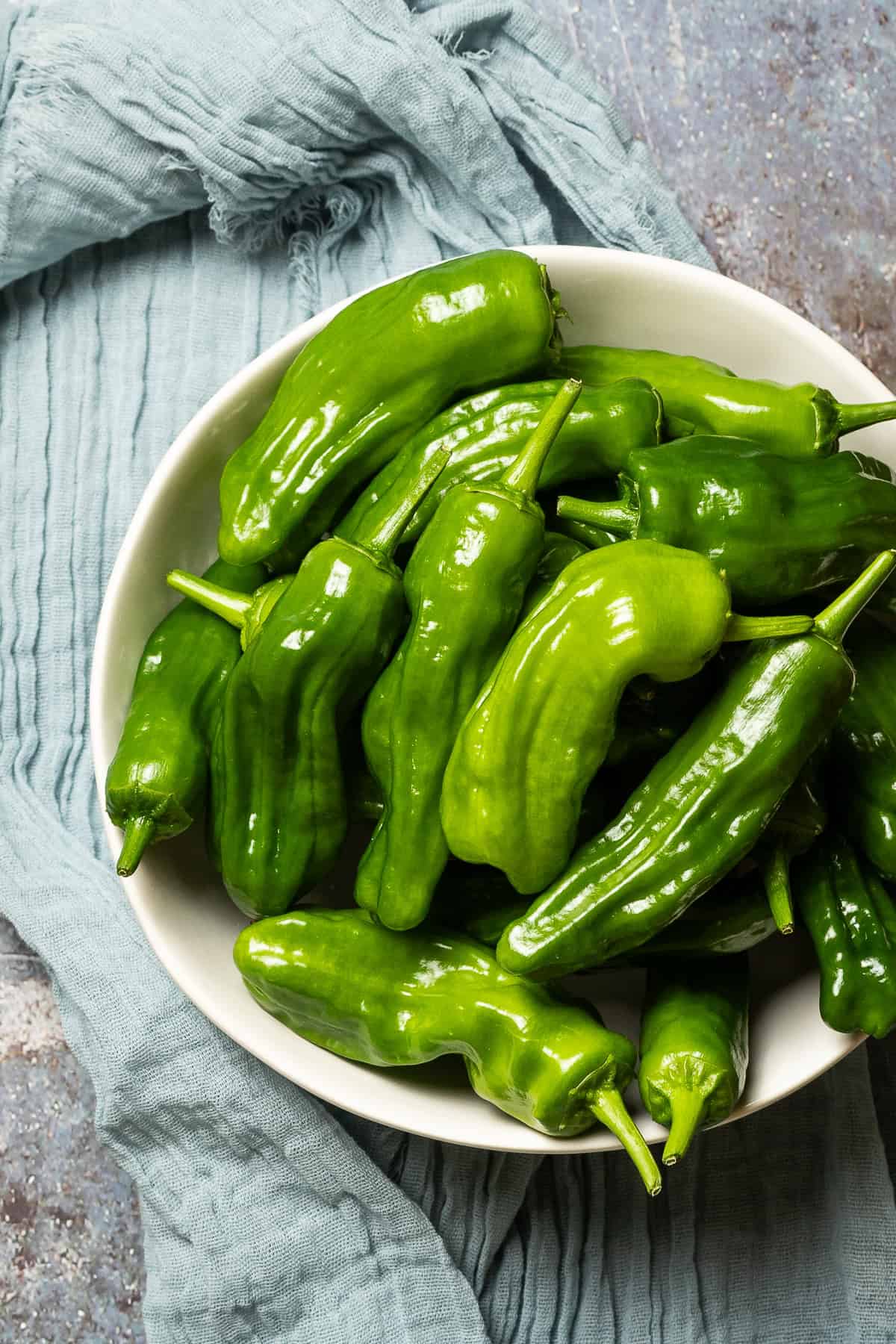 A bowl of freshly harvested shishito peppers.