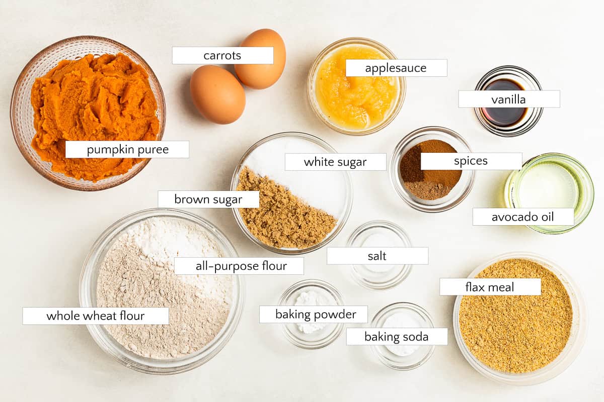 Ingredients for healthy pumpkin hazelnut muffins.