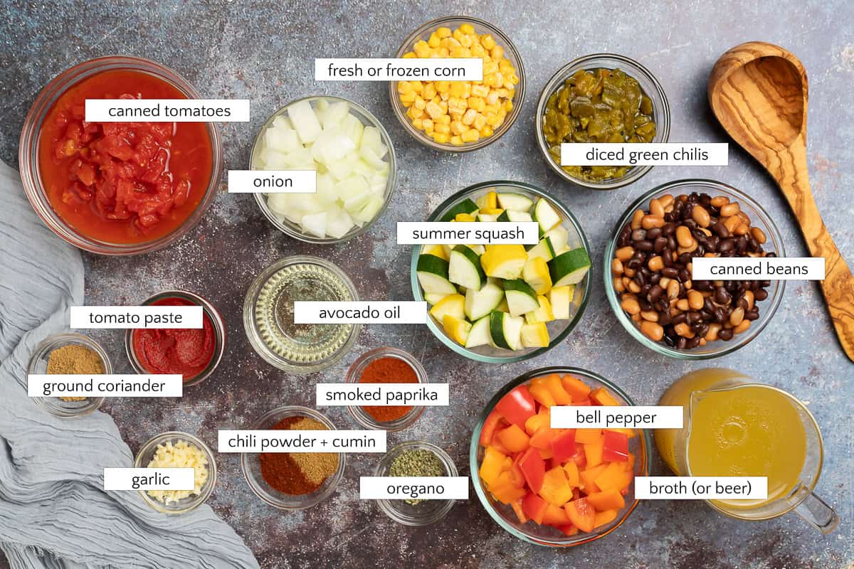 Ingredients for smoky vegetarian chili with beans.