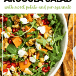 Pinterest pin for Farro & Arugula Salad with Sweet Potato and Pomegranate.