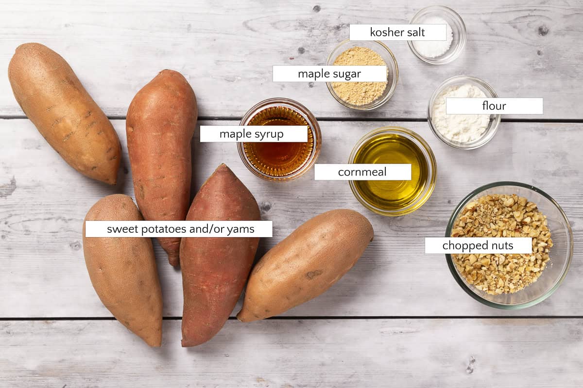 Ingredients for sweet potato tian with maple nut crumble.