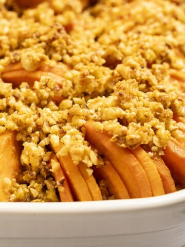 Sweet potato tian with maple nut crumble is shown straight out of the oven.