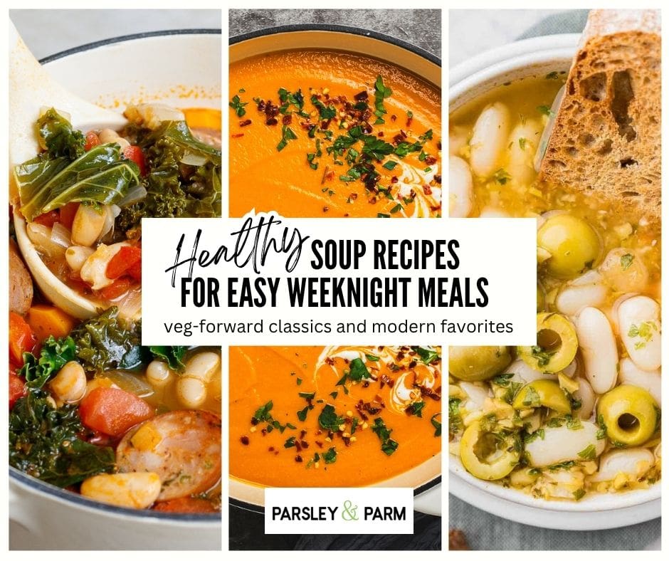 Lead photo for healthy easy soup recipes collection with three different soups.