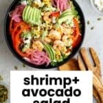 pinterest pin for shrimp and avocado salad