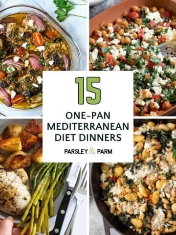 This feature image shows a collection of one-pan Mediterranean diet dishes.
