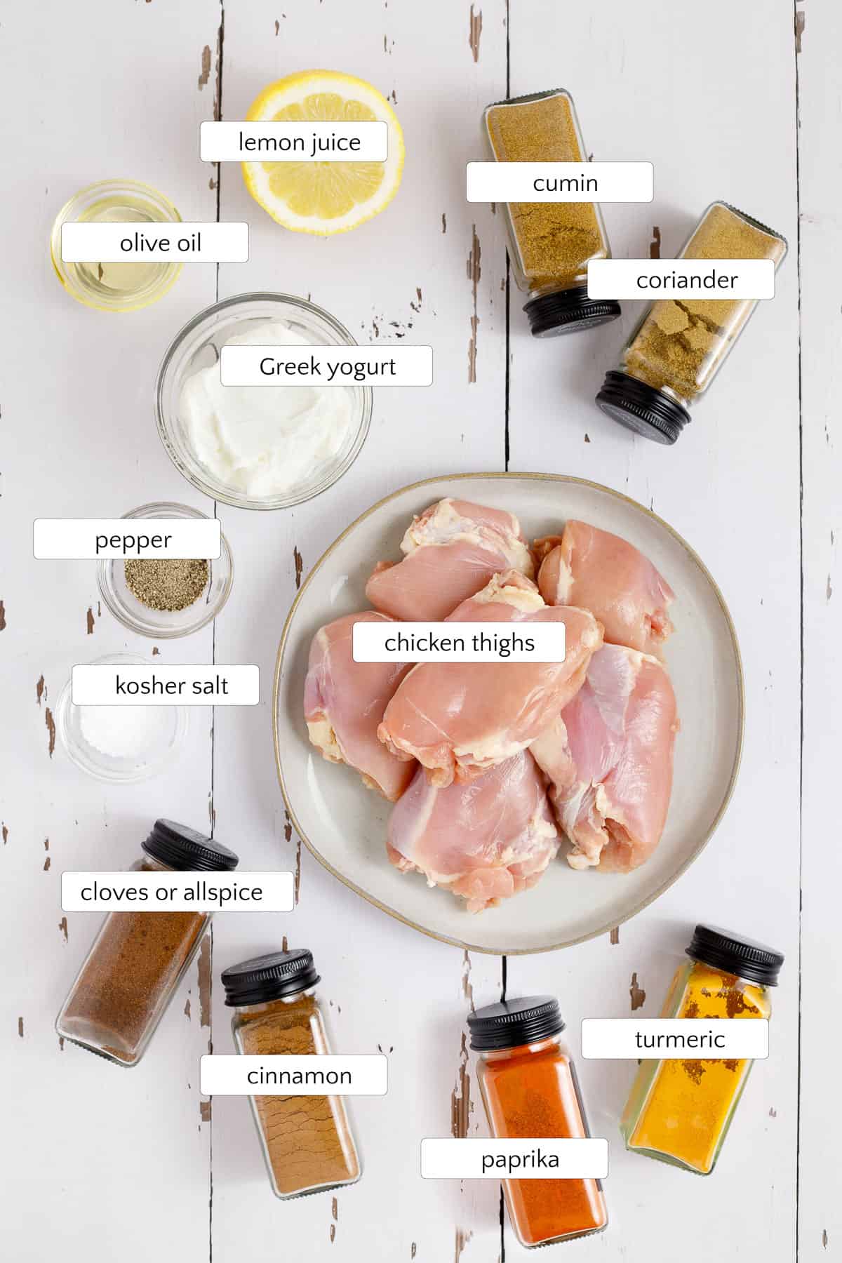 Chicken shawarma ingredients include chicken thighs, Greek yogurt, olive oil, salt and pepper, lemon juice, smoked paprika, cumin, coriander, cinnamon, turmeric, and allspice.