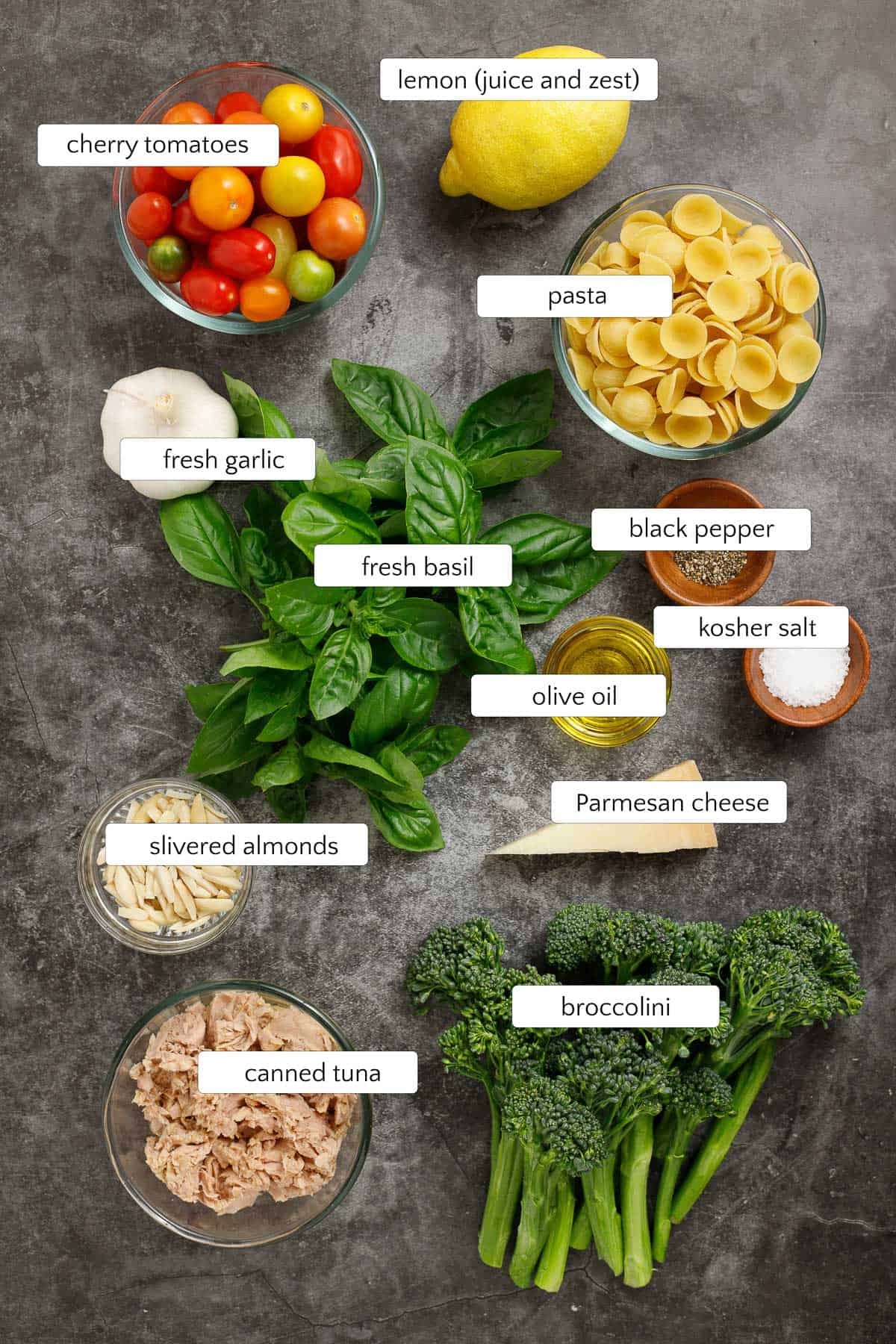 ingredients for broccolini pasta with pesto and tuna