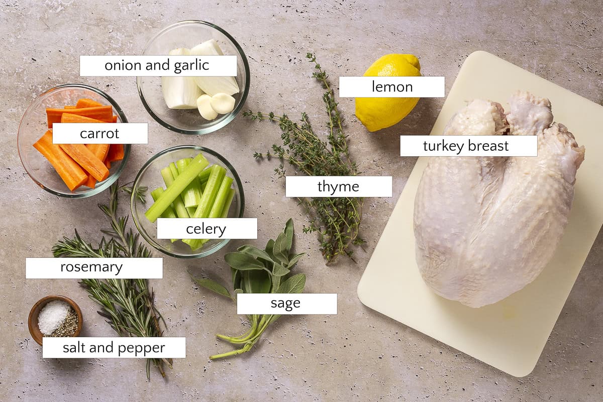 Ingredients for pan-roasted turkey breast include turkey breast, lemon zest, thyme, sage, salt and pepper, rosemary, celery, onion and garlic, and carrot.