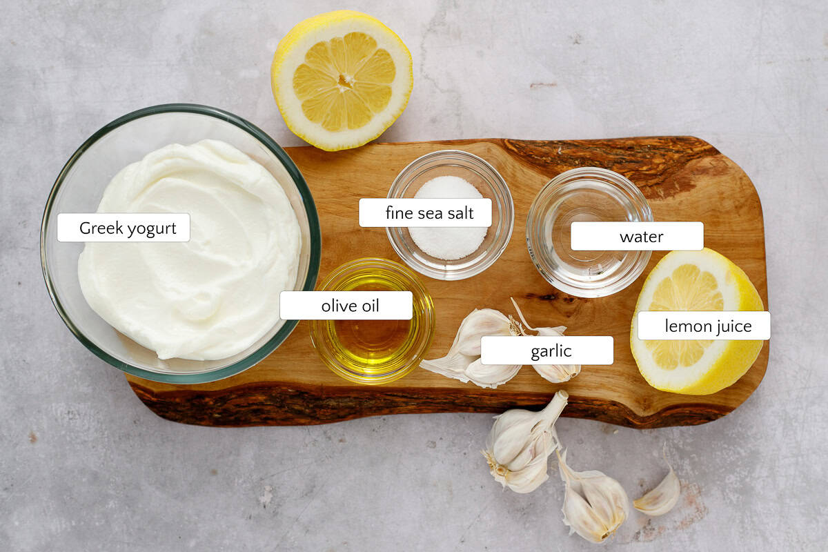 Ingredients for homemade lemon and garlic yogurt.