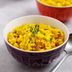 Mediterranean yellow rice for shawarma in a bowl. Made with brown basmati rice.