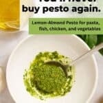Pinterest pin for almond pesto with lemon and basil.