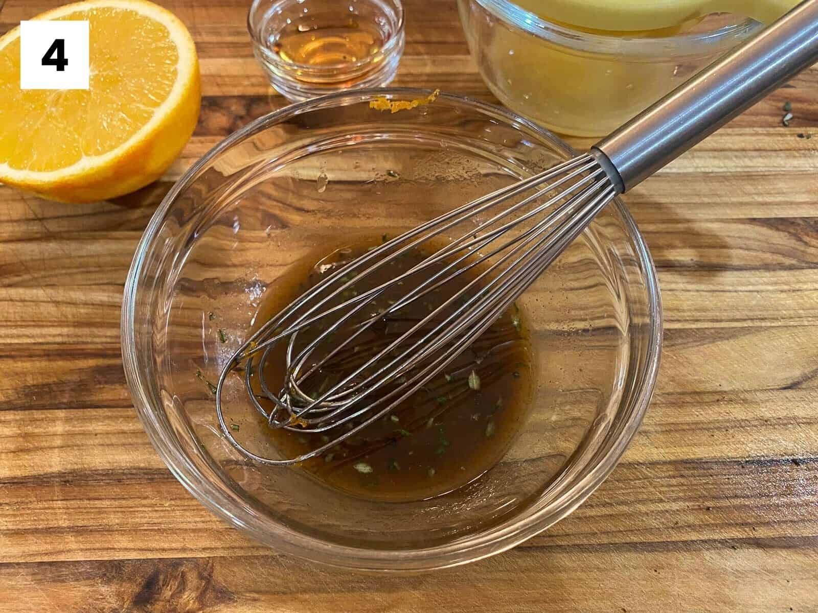 Step 4: Whisk together olive oil, orange juice, orange zest, cinnamon, nutmeg, and rosemary. Optionally, you can also add a bit of agave syrup or honey.