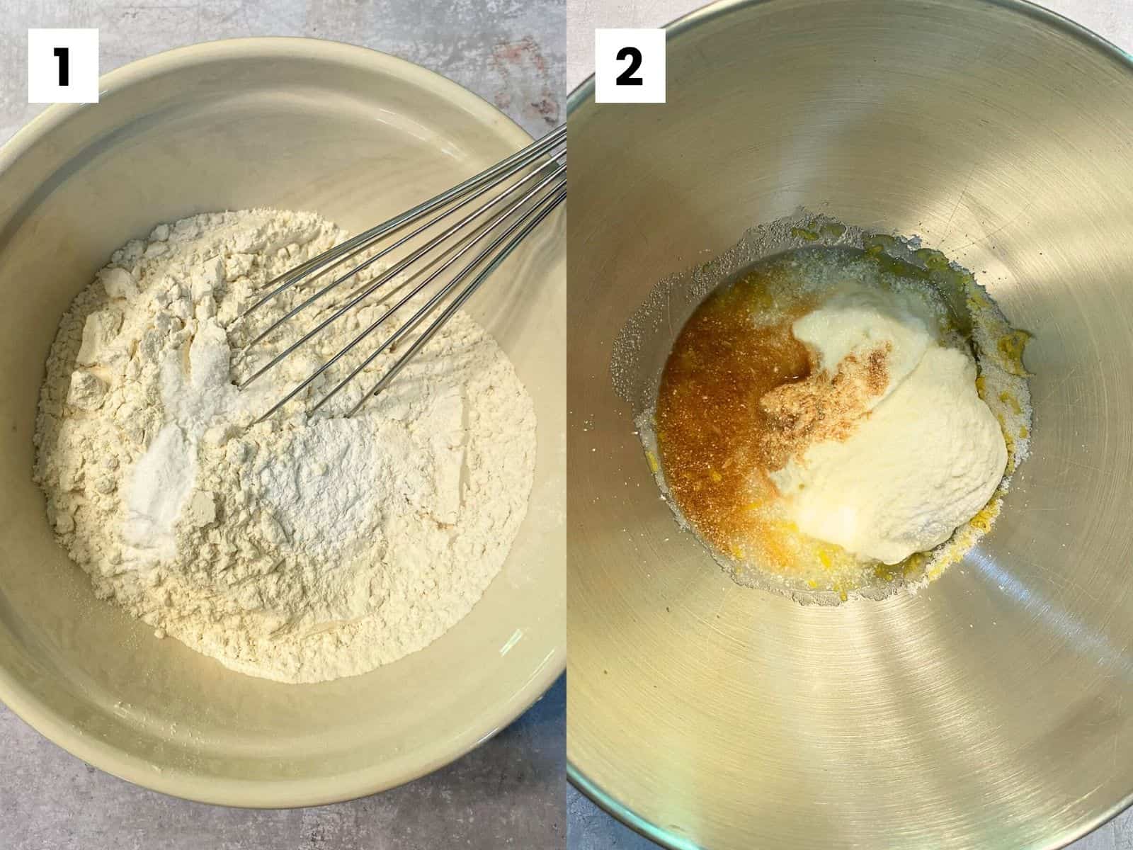 This image contains two photos. On the left is a bowl with the dry ingredients from this recipe and a whisk. On the left is the bowl of a stand mixer with the wet ingredients, except the olive oil.