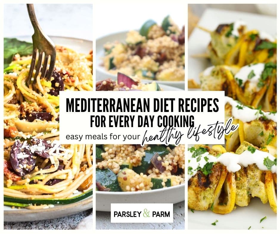 This is the introductory graphic for a recipe roundup titled Mediterranean diet recipes for every day cooking. It shows three dishes in the background.