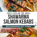 Pinterest pin for shawarma-spiced salmon skewers