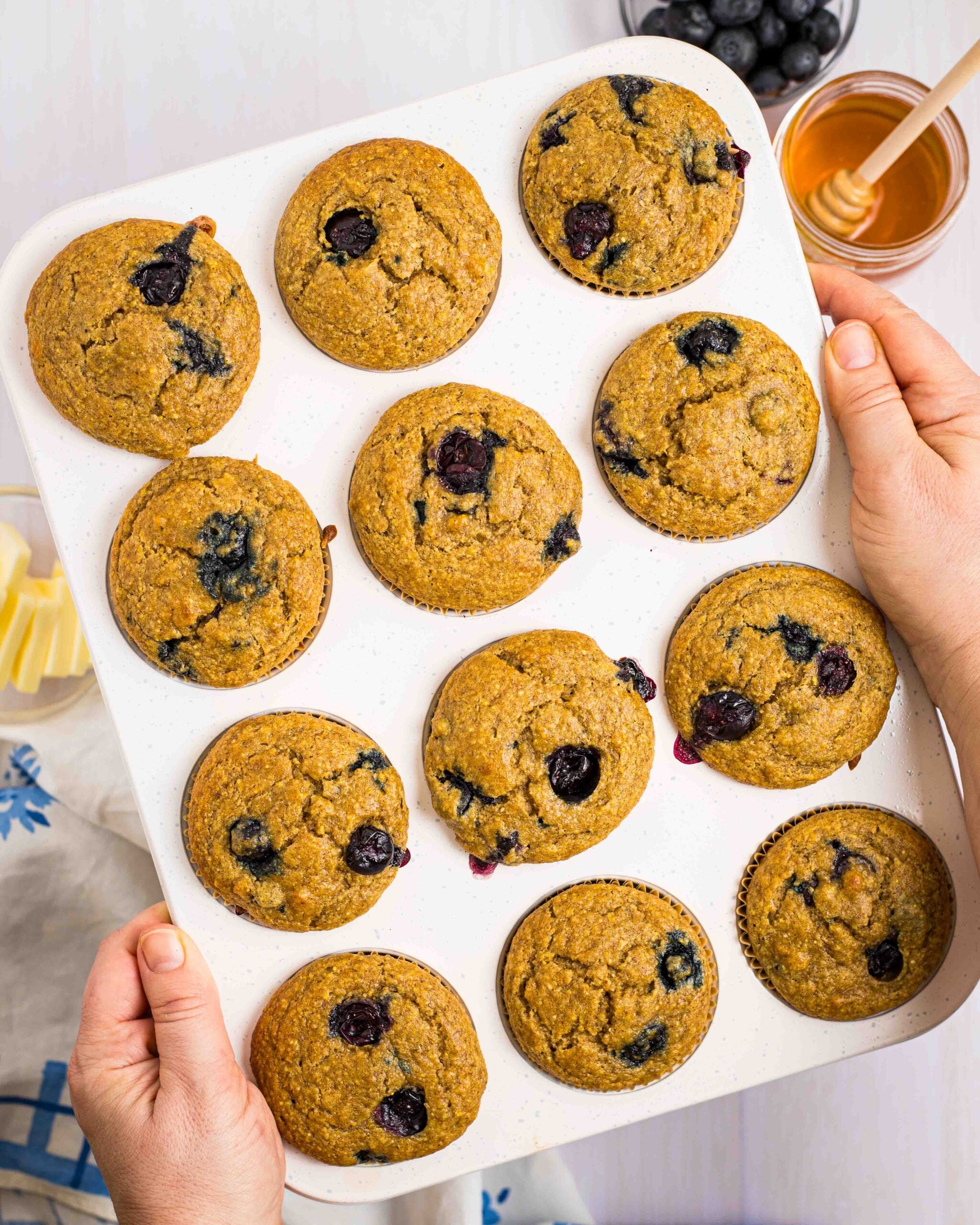 a pan of multigrain blueberry muffins