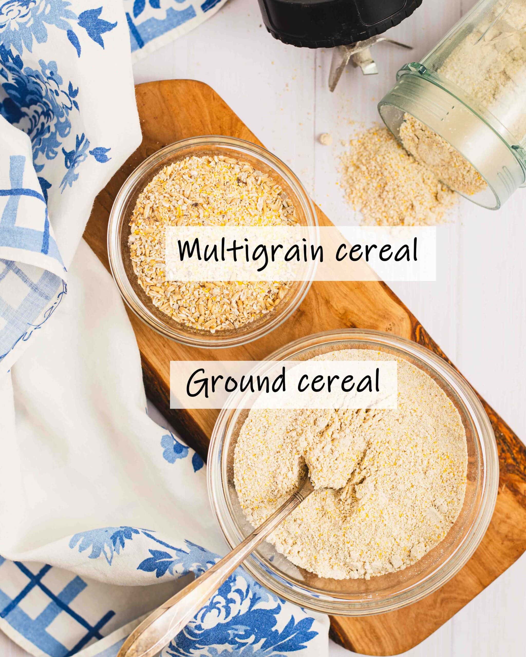 an image showing multigrain cereal as it looks out of the bag and ground fine for baking.