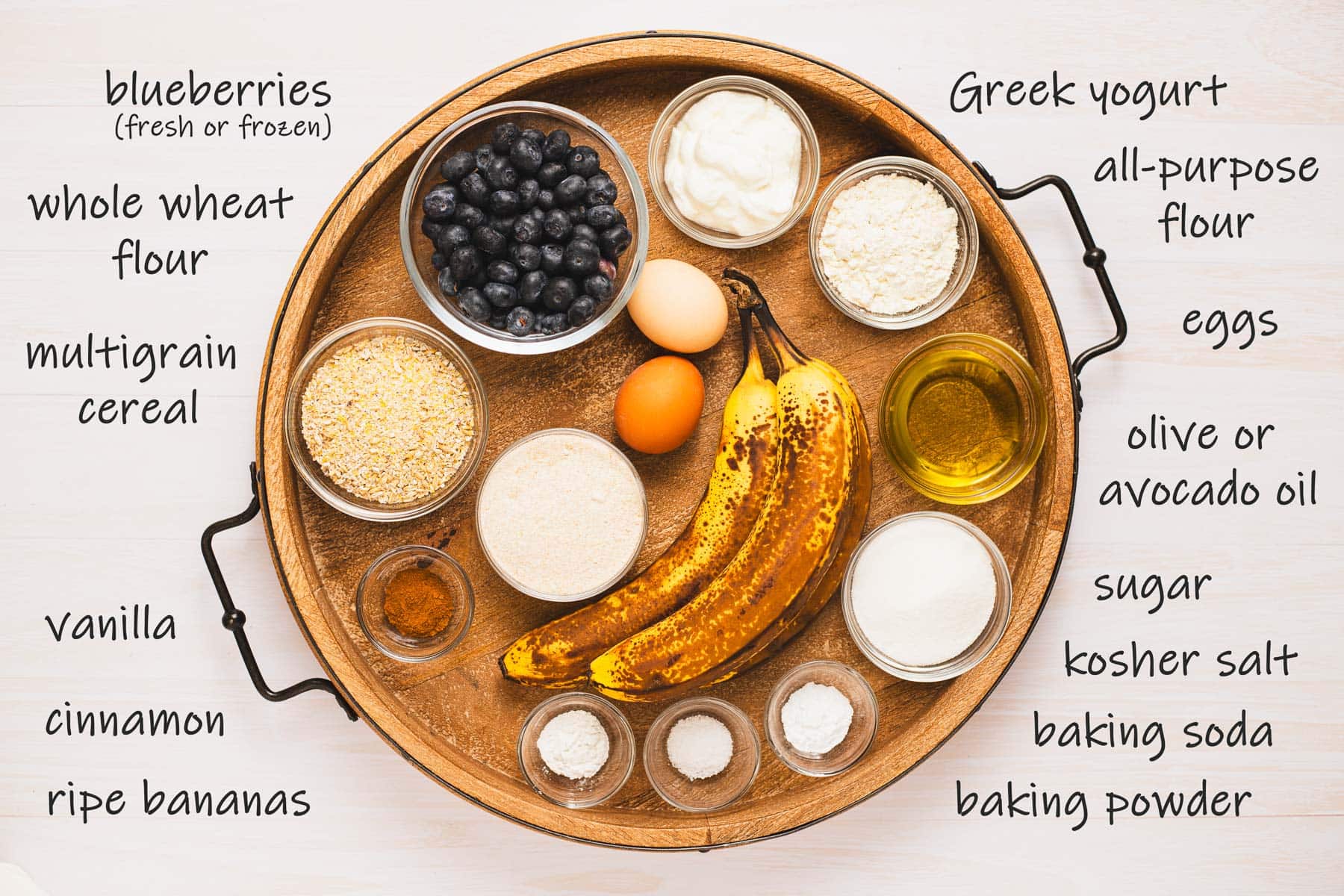 Ingredients for multi-grain banana blueberry muffins.
