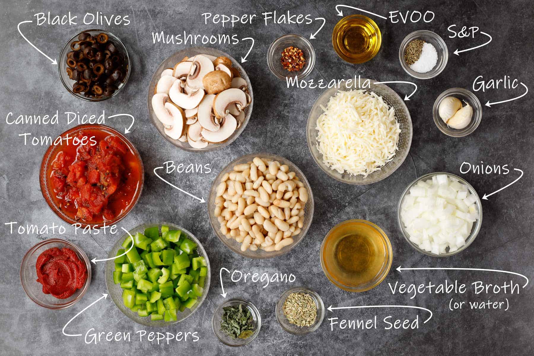Ingredients for this pizza beans skillet recipe.