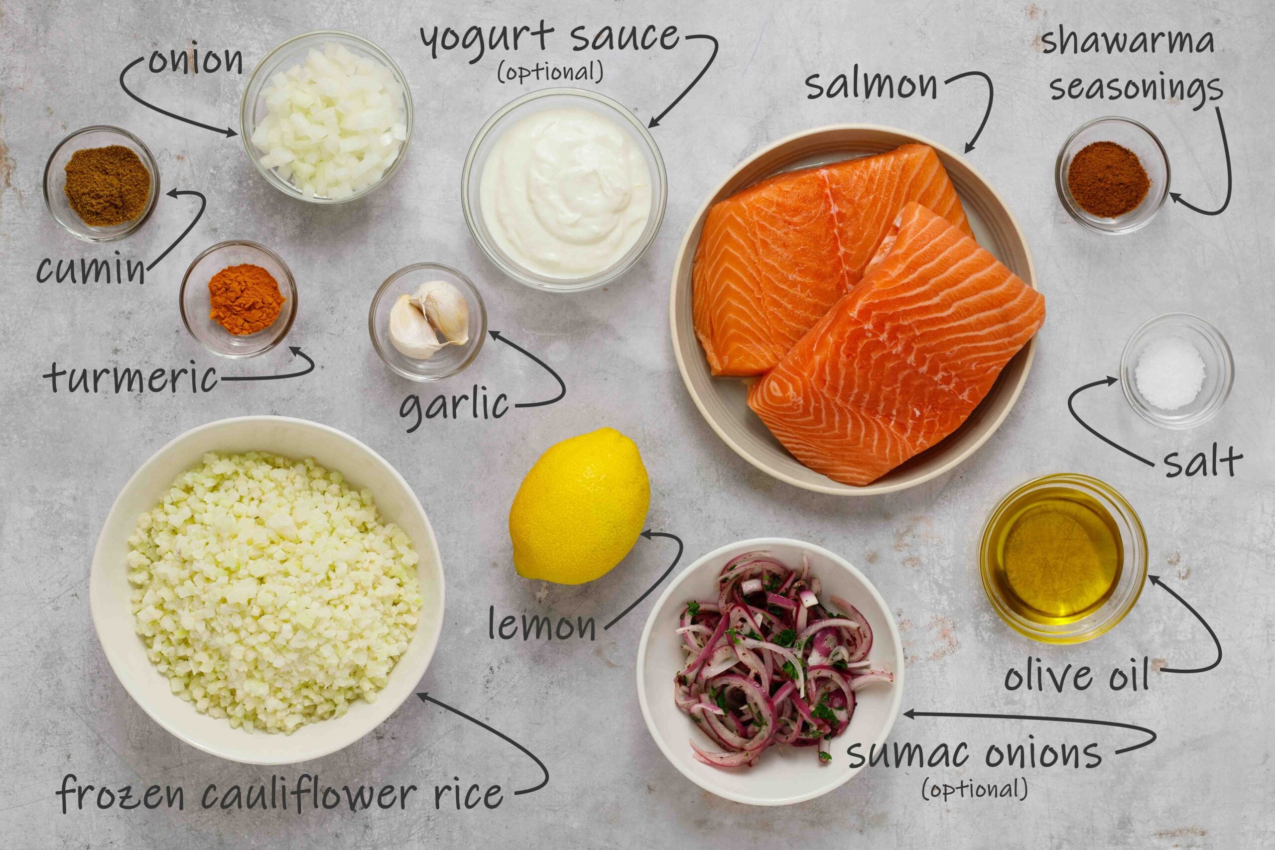 Ingredients for shawarma grilled salmon kebabs.