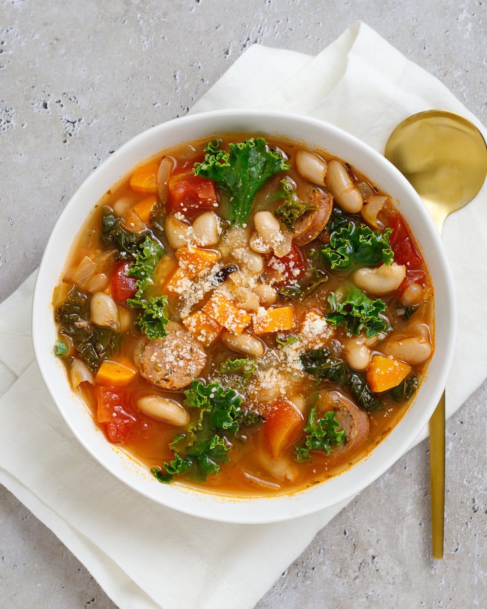 Italian sausage and kale soup with white beans in a bowl on a napkin with a spoon sitting next to it.